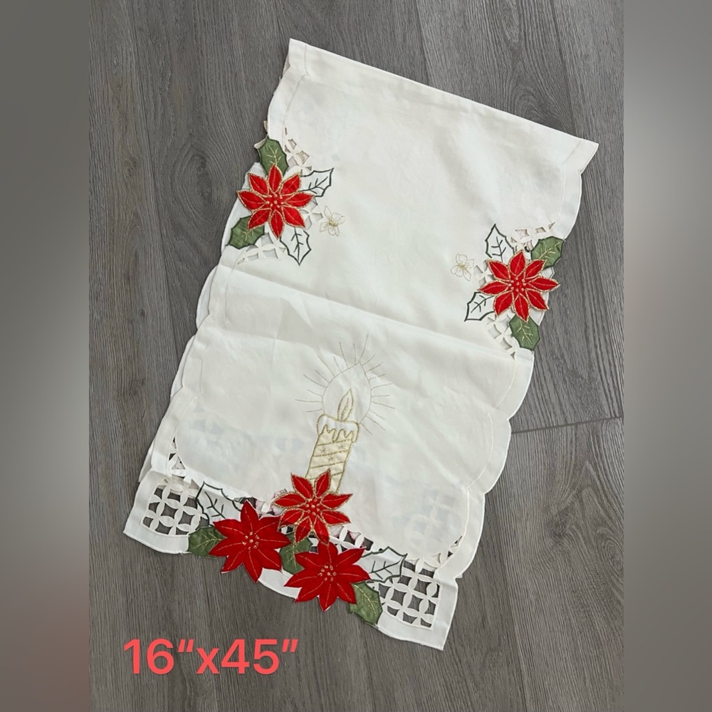 Festive Table Runner with Poinsettia and Candle Design
